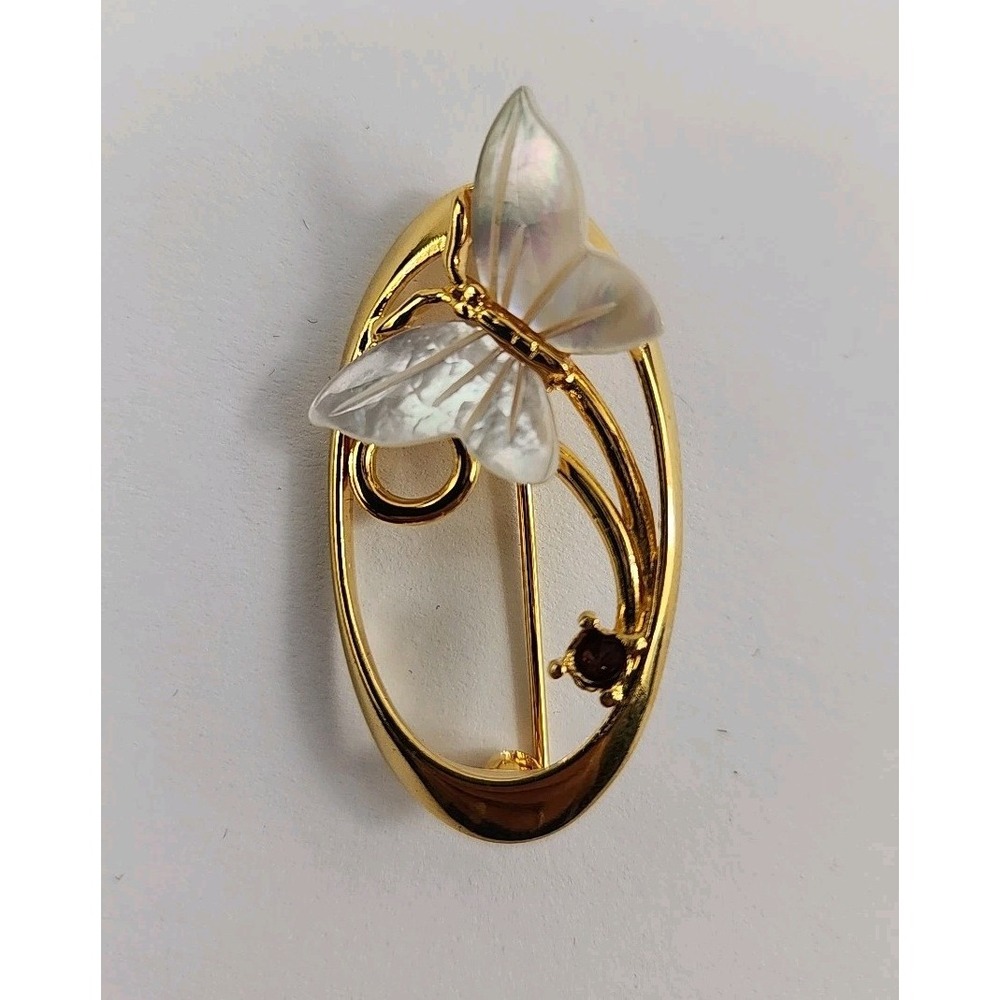 Genuine Mother of Pearl and Garnet Butterfly Bar Pin Gold Tone Oval Brooch